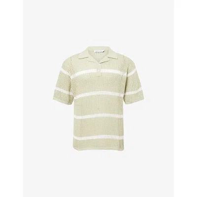 Belier Mens Sage/white Striped Crochet Cotton Polo Top Xl In Multi
