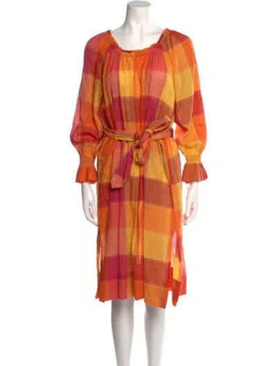 Pre-owned Belize Plaid Print Midi Length Dress In Orange