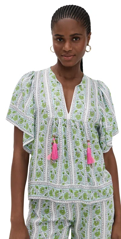 Bell Angel Top Green And Turq Border Stripe In Blue