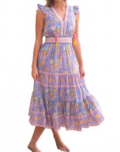Bell Annae V-neck Midi Dress In Blue/yellow Print
