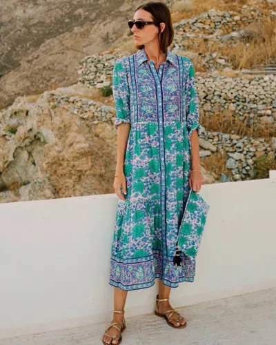 Bell By Alicia Bell Button Down Midi Dress In Green/ Navy In Multi