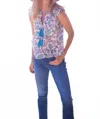 Bell Flutter Cap Sleeves Top In Turquoise Print In Multi