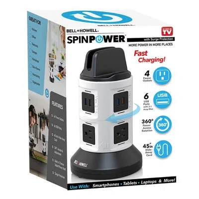 Bell + Howell 360 Degree Spin Power Tower With 4 Outlets And 6 B Ports In White