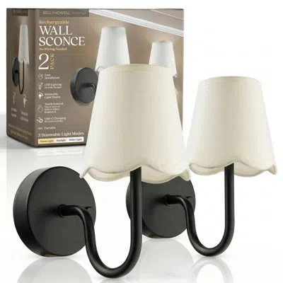 Bell + Howell Rechargeable Wall Light Sconce 2 Pack With Scalloped Fabric Shade And Dimmable - Back In Black