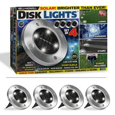 Bell + Howell Solar Powered Integrated Led Metal Disk Light Pack (set Of 4) In Silver