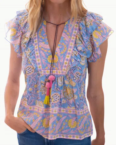 Bell Kiara V Neck Top In Blue Yellow Print In Purple