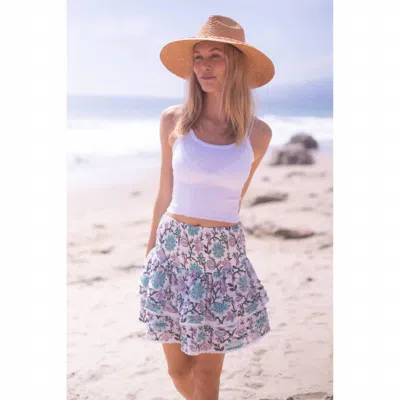 Bell Pleated Smocked Mini Skirt In Light Turquoise Purple Floral In Multi