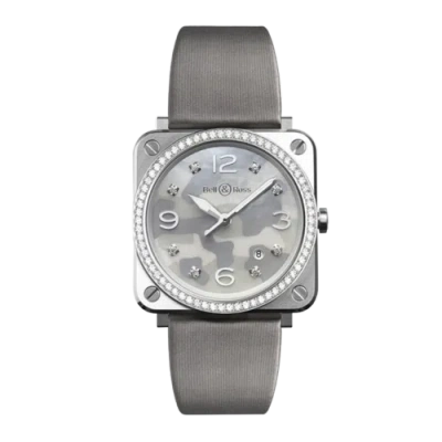 Pre-owned Bell & Ross Br S Gray Camouflage Diamond Steel Quartz Watch Brs-camo-st-lgd