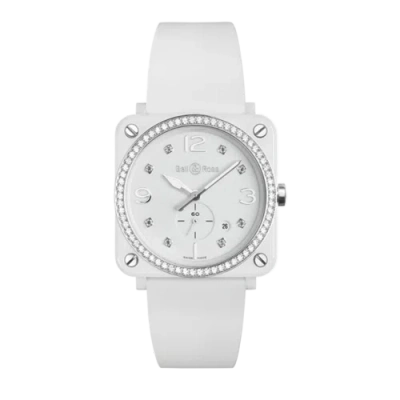 Pre-owned Bell & Ross Br S White Ceramic Diamonds Quartz Watch Brs-wh-ces-lgd/srb