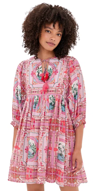 Bell Sylvie Mini Tunic Dress Pink Bird Print In Multi