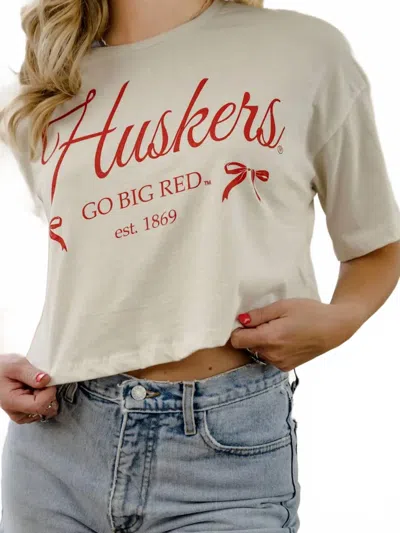 Bella+canvas Huskers Bow Cropped Tee In White In Neutral