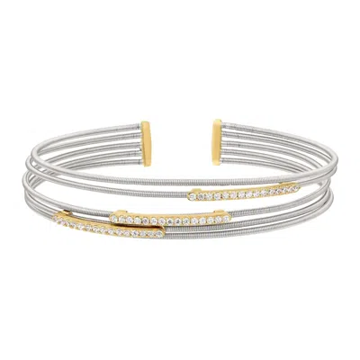 Bella Cavo Rhodium Sterling Cuff With Diamond Horizontal Bars In Silver/gold