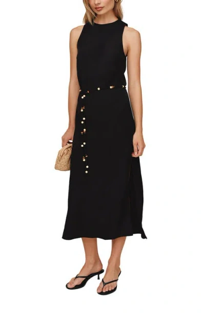 Bella Dahl Beaded Tie Belt Bias Cut Linen Blend Midi Dress In Black
