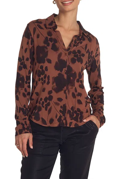Bella Dahl Button Up Knit Printed Shirt In Autumn Floral Print In Brown