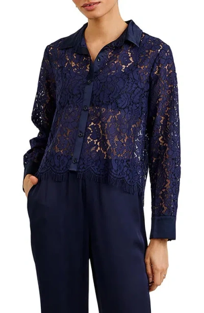 Bella Dahl Lace & Satin Button-up Shirt In Blue