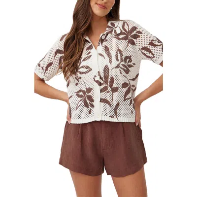 Bella Dahl Leaf Print Open Stitch Short Sleeve Cotton Sweater In Multi