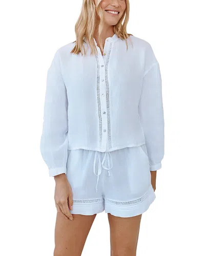 Bella Dahl Mandarin Collar Trimmed Button Down Shirt In Blue