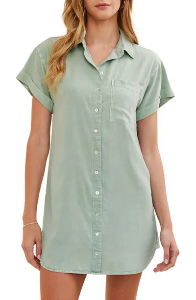Bella Dahl Roll Sleeve Pocket Mini Shirtdress In Green