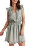 Shop Bella Dahl Ruffle Cap Sleeve Split Neck Minidress In Oasis Green