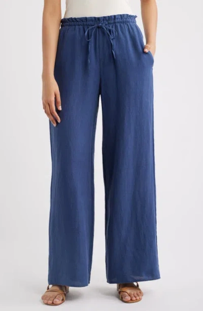 Bella Dahl Ruffle Waist Wide Leg Linen Pants In Blue
