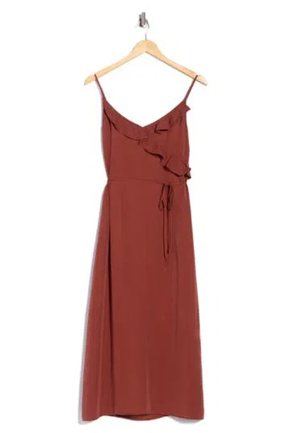 Bella Dahl Ruflfe Faux Wrap Removable Tie Belt Midi Dress In Brown