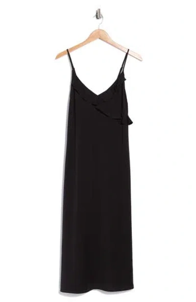 Bella Dahl Ruflfe Faux Wrap Removable Tie Belt Midi Dress In Black