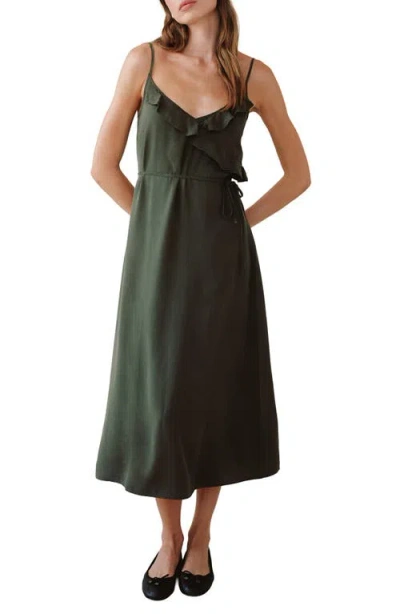 Bella Dahl Ruflfe Faux Wrap Removable Tie Belt Midi Dress In Green