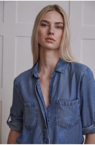 Bella Dahl Split Back Button Down Shirt In Moonlit Haze In Blue