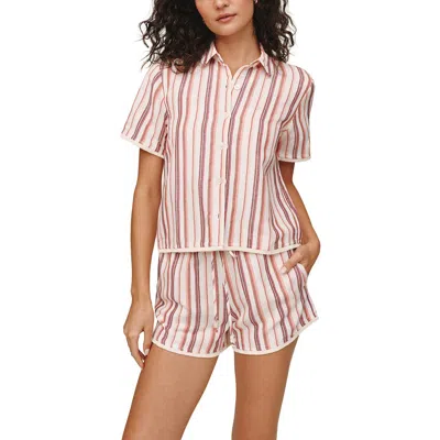 Bella Dahl Stripe Frayed Short Sleeve Linen Blend Button-up Shirt In Multi