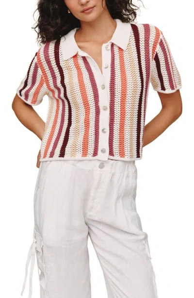 Bella Dahl Stripe Openwork Short Sleeve Crop Knit Button-up Shirt In Multi