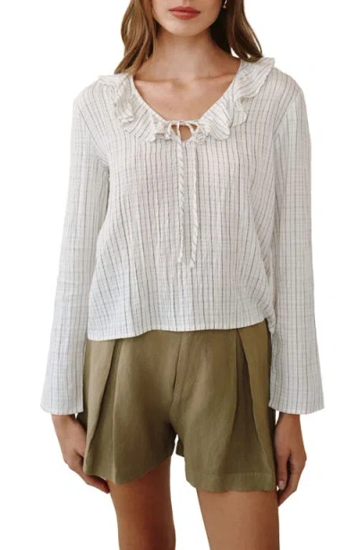 Bella Dahl Stripe Ruffle Tie Neck Seersucker Top In White