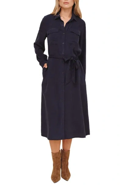 Bella Dahl Tie Waist Long Sleeve Midi Dress In Blue