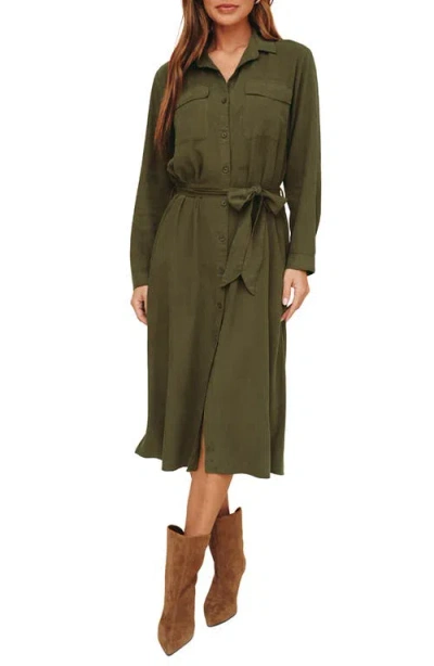 Bella Dahl Tie Waist Long Sleeve Midi Dress In Green