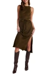 Bella Dahl Tie Waist Sleeveless Satin Dress In Autumn Olive