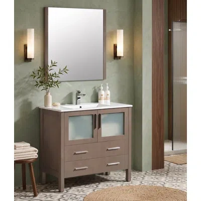 Bella Esprit 36" Freestanding Bathroom Vanity Set With Mirror, Ceramic Countertop, Frosted Glass Doors & Soft-clo In Brown