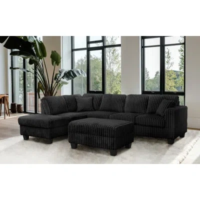 Bella Esprit Vega 108" Faux Fur Reversible Sectional With Storage Ottoman In Black Corduroy