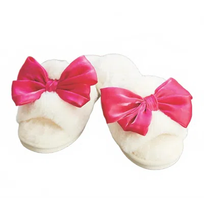 Bella Sleep + Spa R0845 - Hot Pink Bow Plush Slippers In White