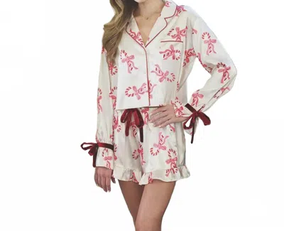 Bella Sleep + Spa Ruffled Pajama With Velvet Ties Short Set In Ivory Candy Canes In Multi