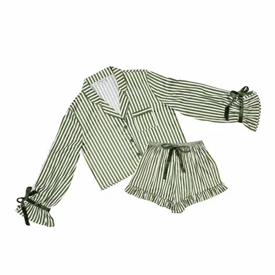 Bella Sleep + Spa Women's Button Up Top And Pajama Short Set In Green Stripe