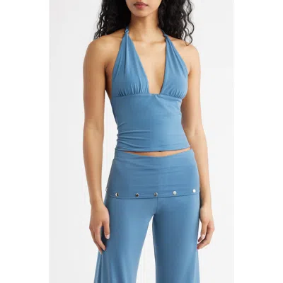 Bella Venice Jade Knit Plunge Halter Neck Top In Blue
