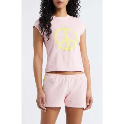 Bella Venice Peace Graphic Velour Crop T-shirt In Pink