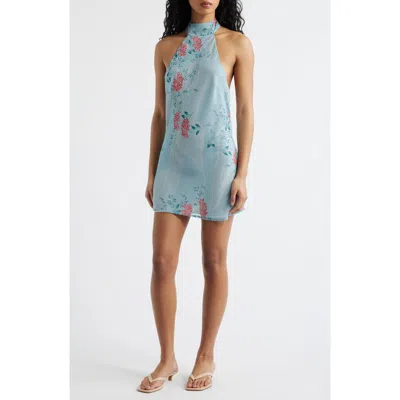 Bella Venice Piper Flower Halter Neck Minidress In Blue