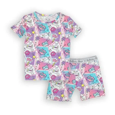 Bellabu Bear Comic Purple Kids 2-piece Short Sleeve & Shorts Pajama Set