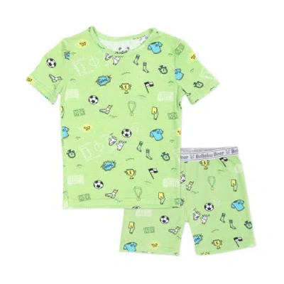 Bellabu Bear Soccer Kids 2-piece Short Sleeve & Shorts Pajama Set In Green