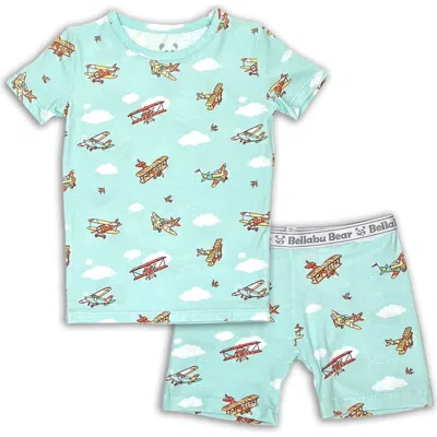 Bellabu Bear Vintage Airplanes Kids 2-piece Short Sleeve & Shorts Pajama Set In Blue
