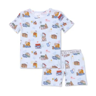 Bellabu Bear Vintage Suitcases Kids 2-piece Short Sleeve & Shorts Pajama Set In Blue