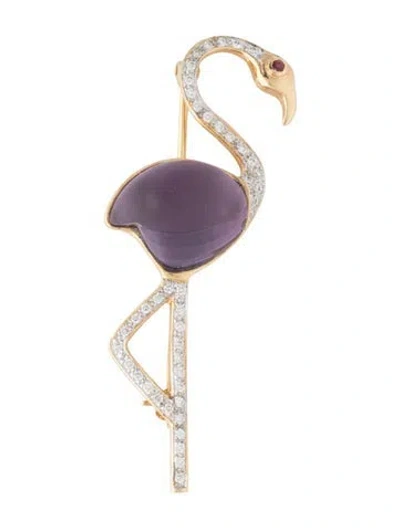 Pre-owned Bellari 18k Amethyst, Ruby & Diamond Flamingo Brooch In Multi
