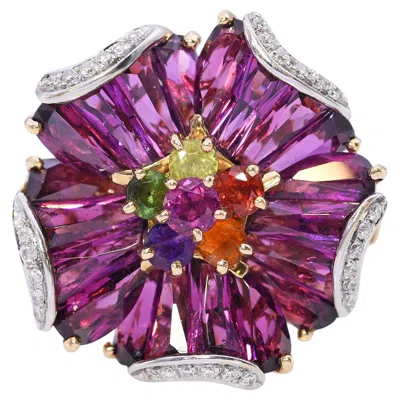 Pre-owned Bellarri 14k Yellow Gold Mademoiselle Flower Rhodolite Diamond Ring