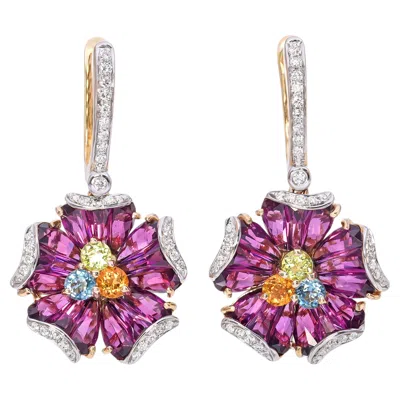 Pre-owned Bellarri 14k Yellow Gold Multi-gemstone And Diamond Floral Hoop Dangle Earrings
