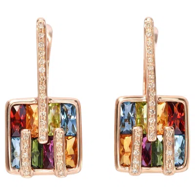 Pre-owned Bellarri Bellari 14k Rose Gold Multi-gemstone And Diamond Earrings In Red